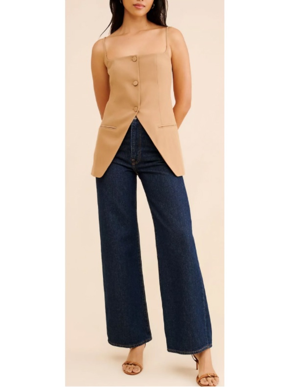 Mare Mare Tan Button-Front Sleeveless Square-neck Vest